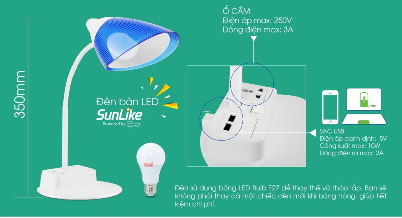 Lỗ cắm USB được tích hợp trên sản phẩm đèn bàn thông minh Rạng Đông